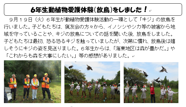 6年生動植物愛護体験(放鳥)をしました！