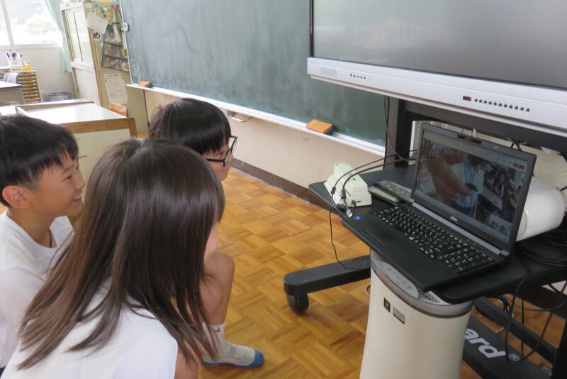 泗水東小のホタルや記録を身を乗り出して見入っています